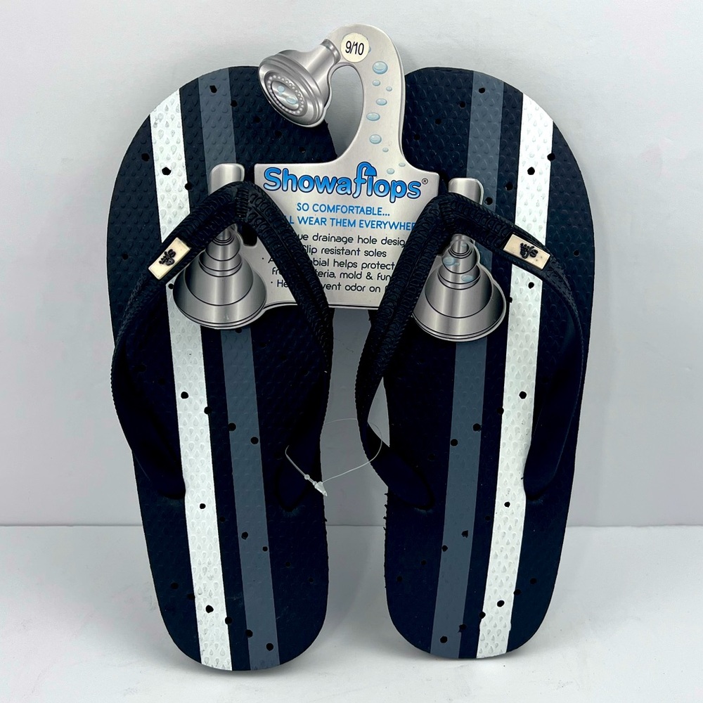 SHOWAFLOPS NON-SKID SHOWER FLIP FLOP W/ATHLETIC STRIPES, DRAIN HOLES,SIZE 9/10